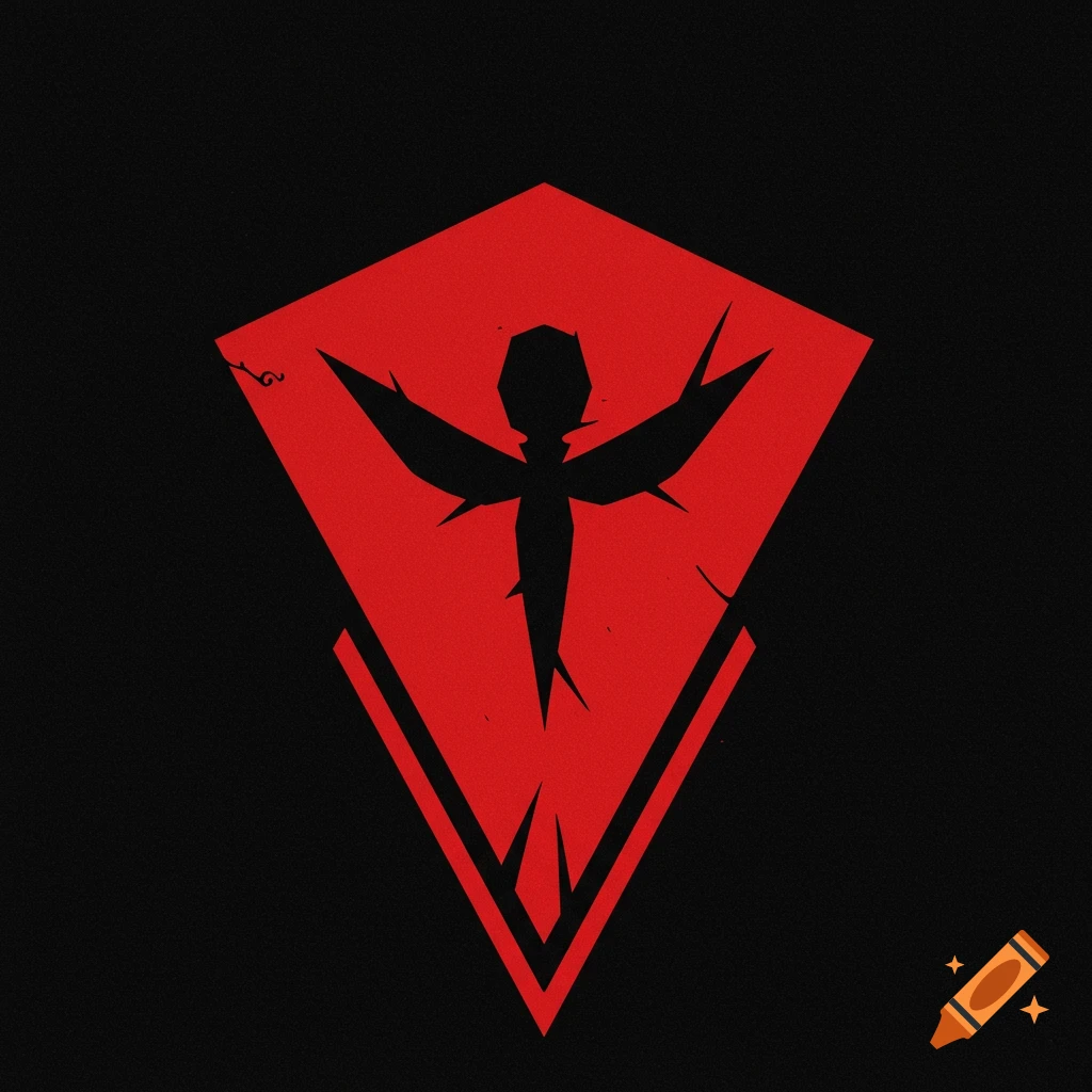 A red diamond symbol with a black winged figure inside on a black background