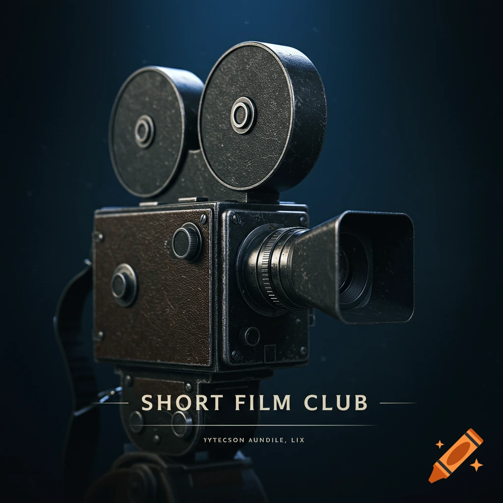 Close-up of a vintage film camera with text 'SHORT FILM CLUB'