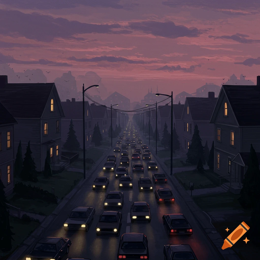 A dark suburban street lined with houses, filled with traffic at dusk under a purple sky.