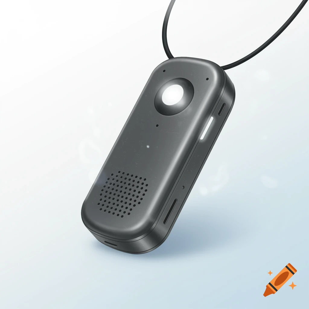 A sleek, dark grey futuristic portable air purifier pendant with a glowing light.