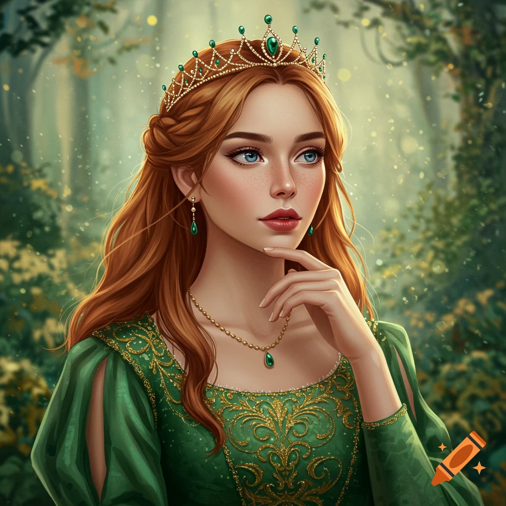 A young queen with red hair and a tiara.