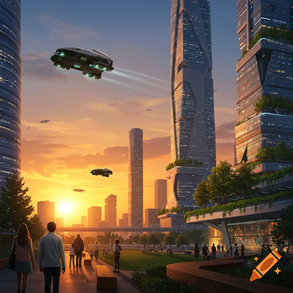A futuristic city park at sunset, with tall buildings, flying vehicles, and people walking.