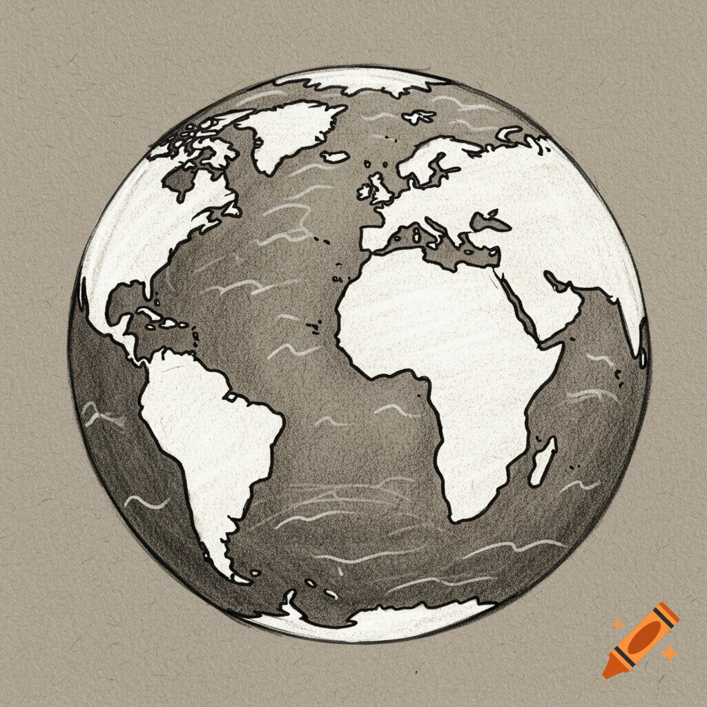 Sketch of Earth showing continents and oceans.