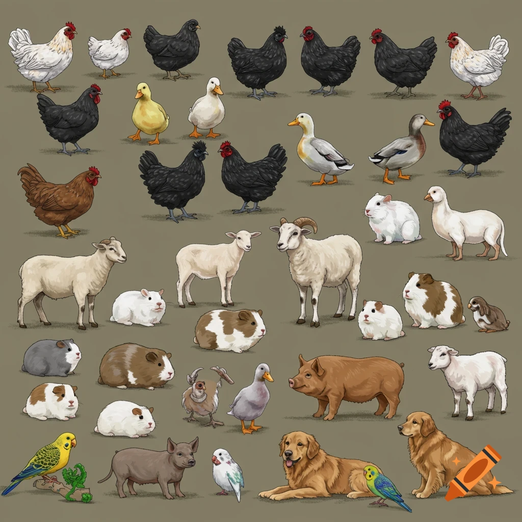 Illustration of a collection of farm animals and pets including chickens, ducks, sheep, dogs, guinea pigs, and a pig.