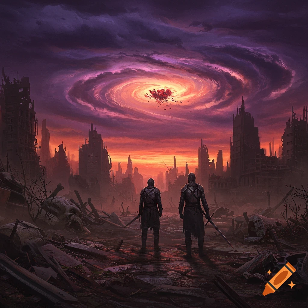 Two knights stand in a ruined city looking up at a swirling vortex in a dramatic sky.
