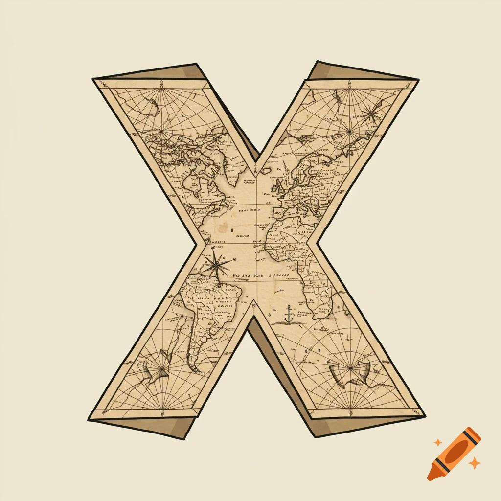 Capital letter X made from a vintage map with continents and nautical elements.