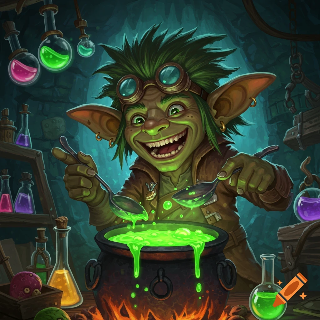 A grinning goblin mixing a green potion in a cauldron in a fantasy lab.