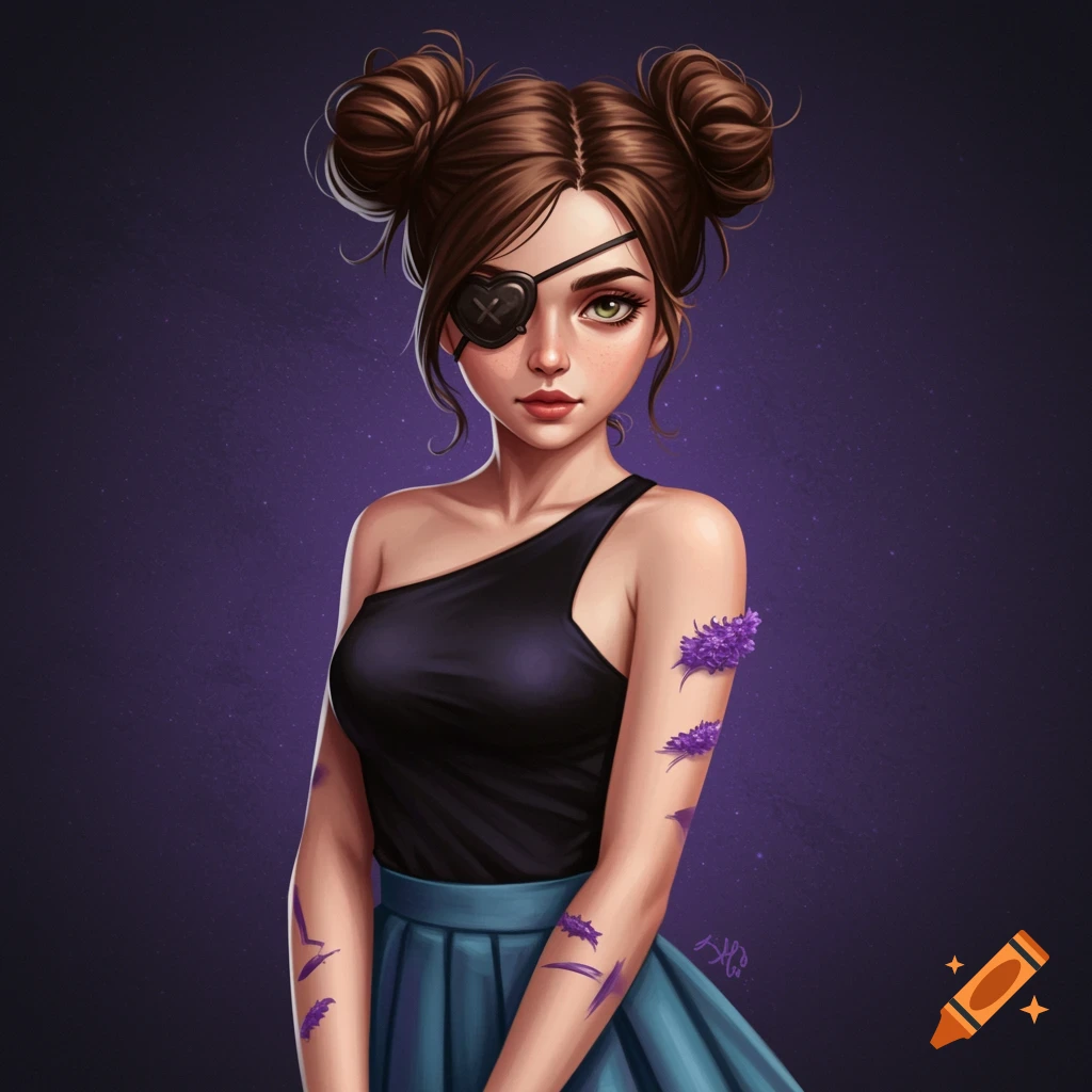 A girl with brown hair buns wearing an eyepatch, black top, and blue skirt, with purple shapes on her arm.
