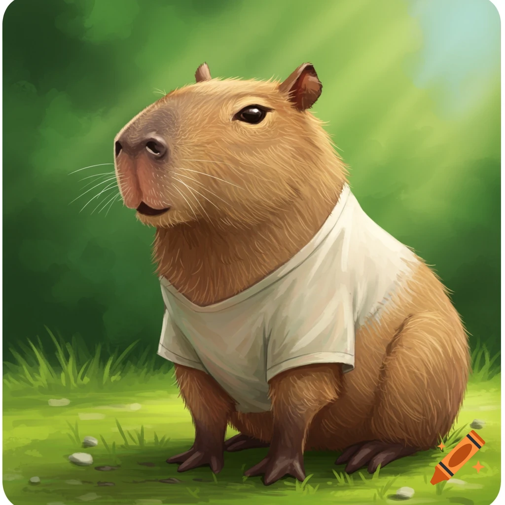 A capybara wearing a white t-shirt, sitting in grass.