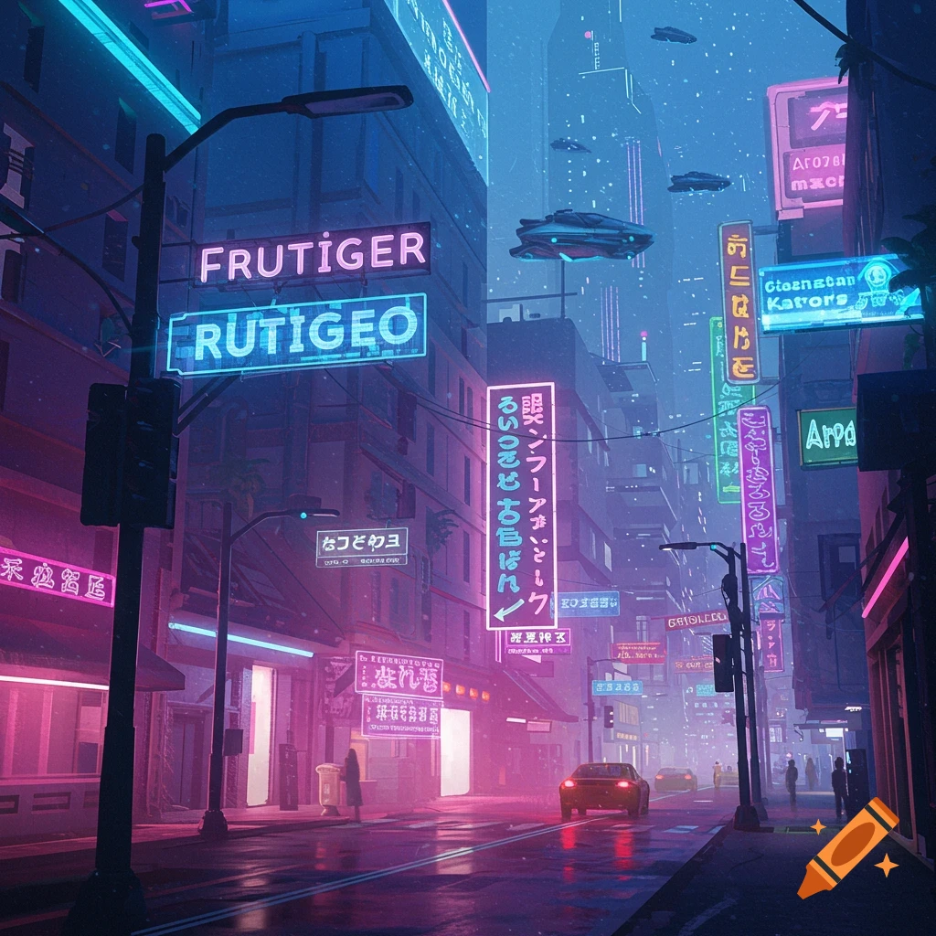 A futuristic city street at night, with tall buildings covered in bright neon signs in English and Japanese, flying cars, and reflections on wet pavement.