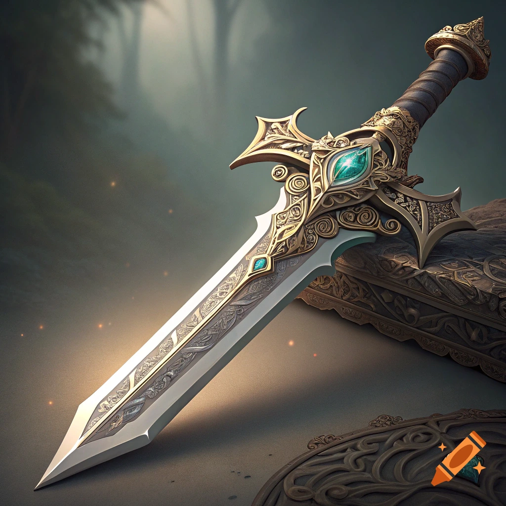 Detailed fantasy sword with gold accents and green gems resting on a scabbard in a forest
