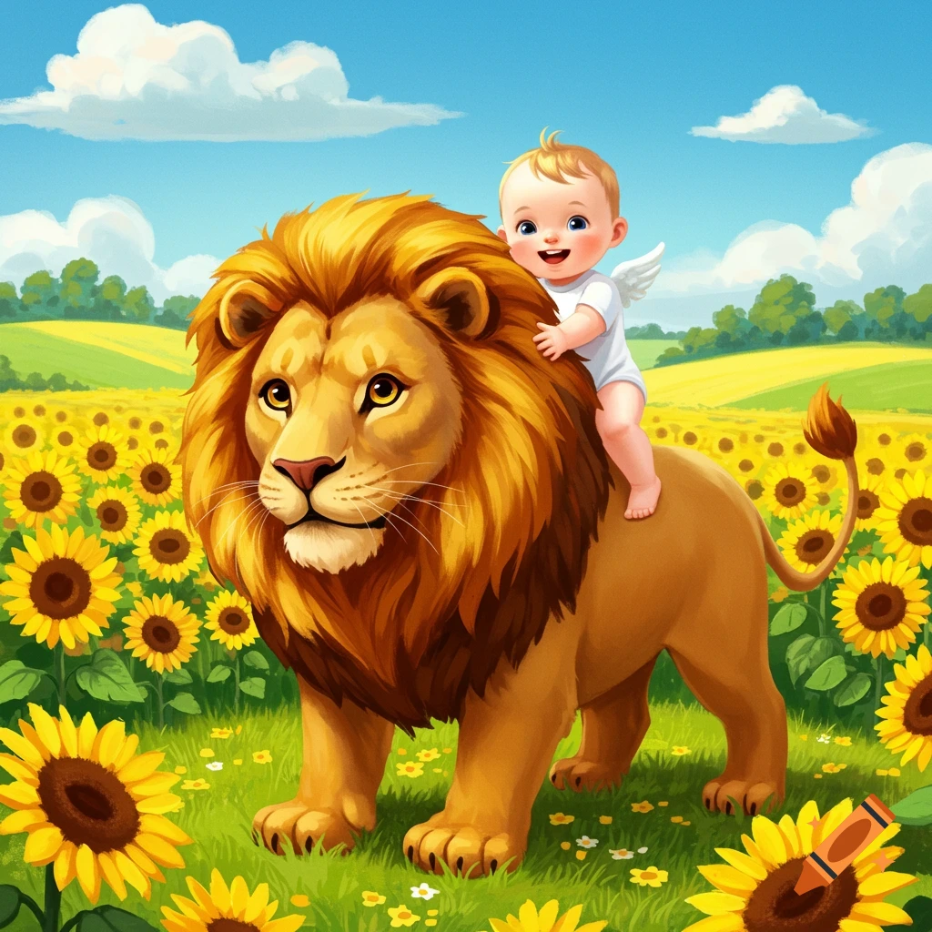 Whimsical image of a baby riding a lion through a sunflower field. on ...