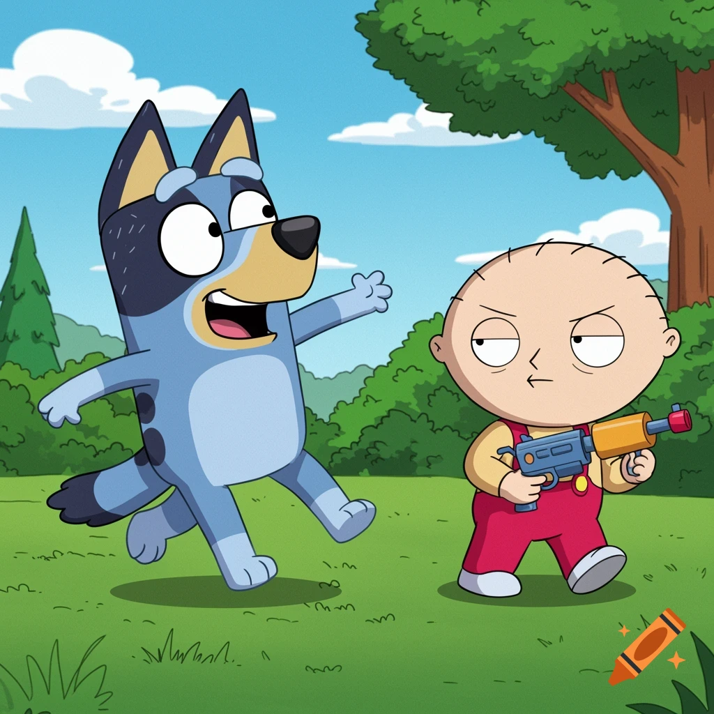Bluey and Stewie Griffin play in a park, Stewie holds a toy gun. Cartoon style.
