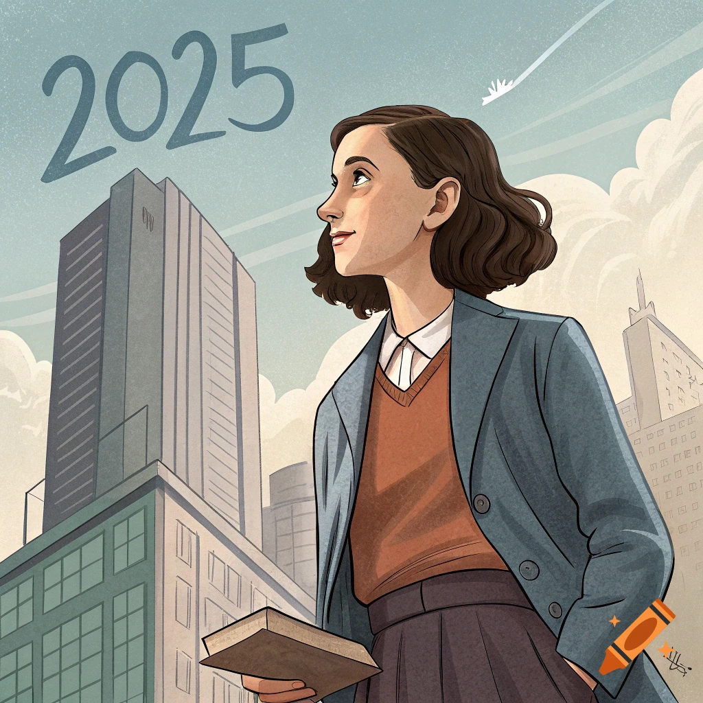 Illustration of a young person holding a book in a city with '2025' in the sky