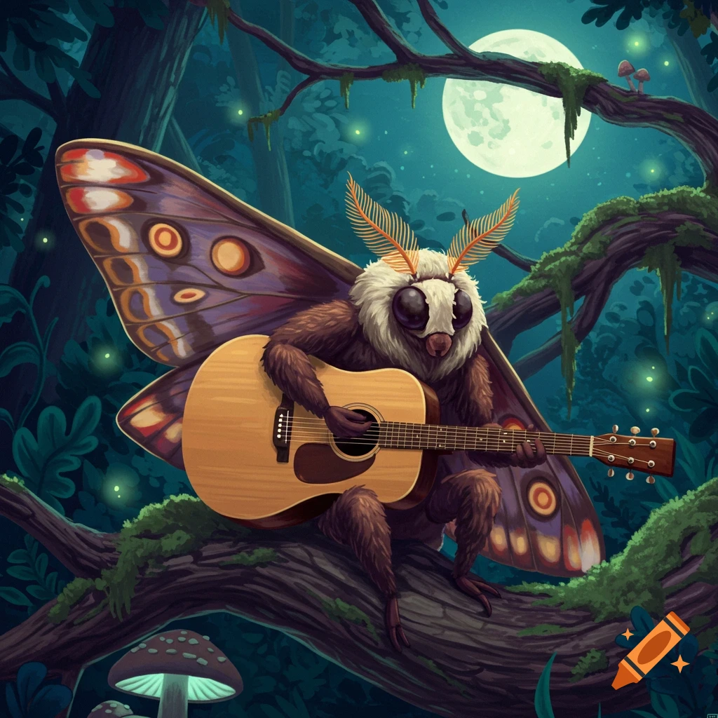 A fantasy illustration of a furry moth playing an acoustic guitar while sitting on a branch in a moonlit forest.
