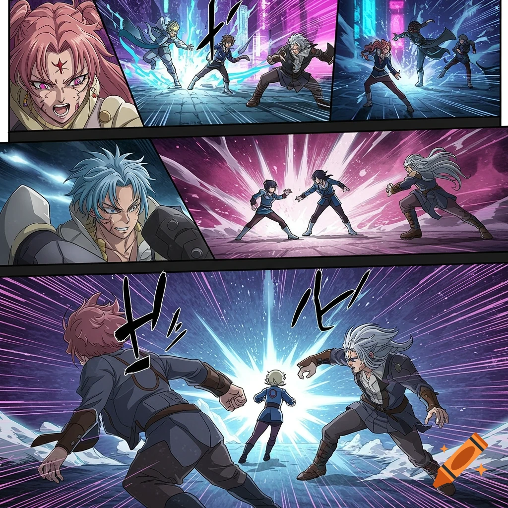 Multi-panel manga style illustration of characters fighting.
