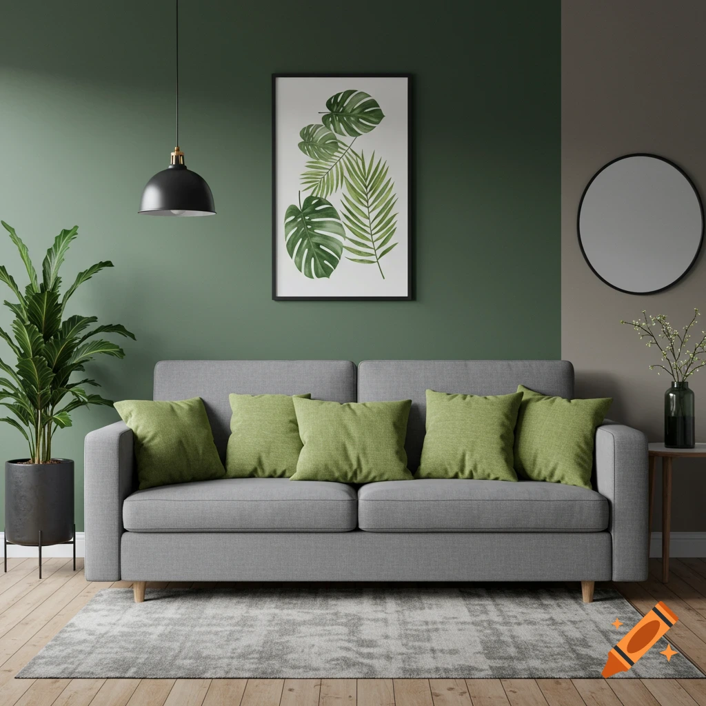 A modern farmhouse living room with a grey sofa, green pillows, plant, mirror, and botanical print.