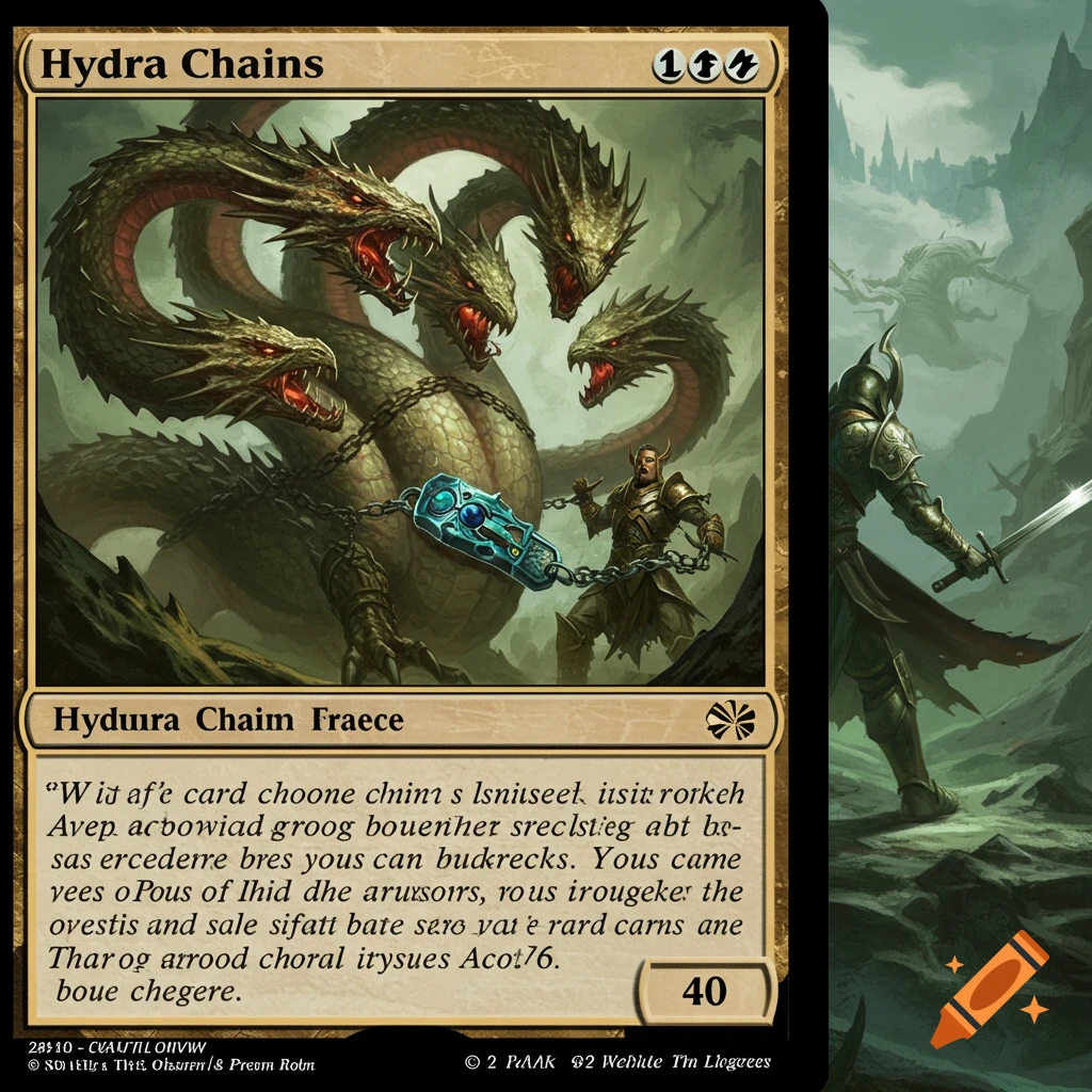 Fantasy trading card art showing a multi-headed hydra chained by a knight.
