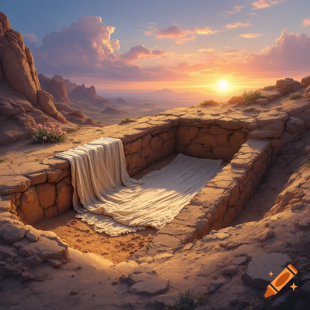 Empty grave in a rocky landscape at sunset with white cloths inside.