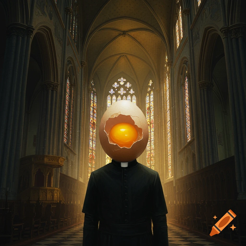 A priest with a cracked egg for a head standing in a church