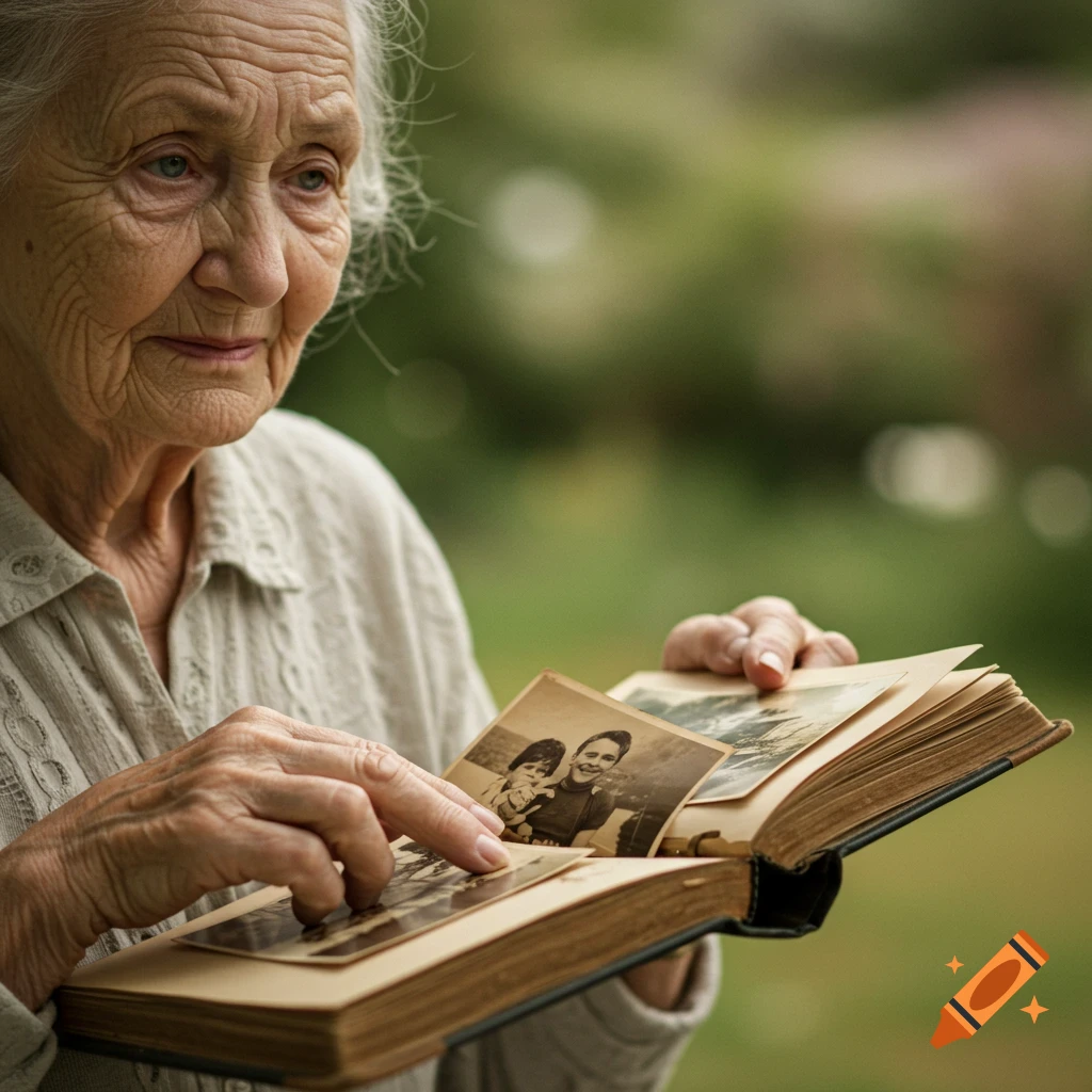 Elderly woman looking through a photo album outdoors.