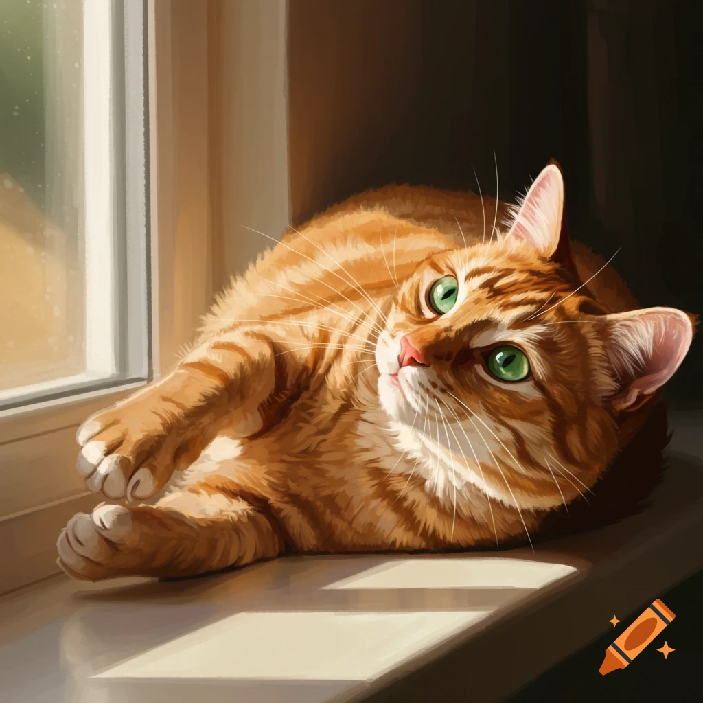 An orange tabby cat is lying in sunlight by a window.