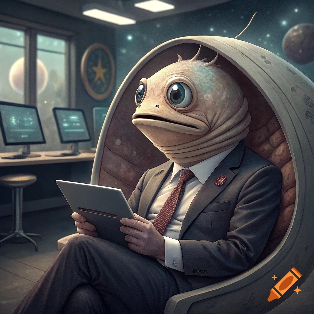 An anthropomorphic fish creature in a suit sits in a chair holding a tablet in a futuristic office looking out into space.