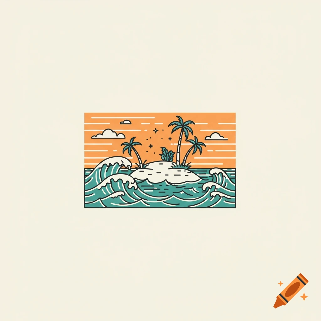 Simple line drawing illustration of a tropical island with palm trees and waves under an orange sky.