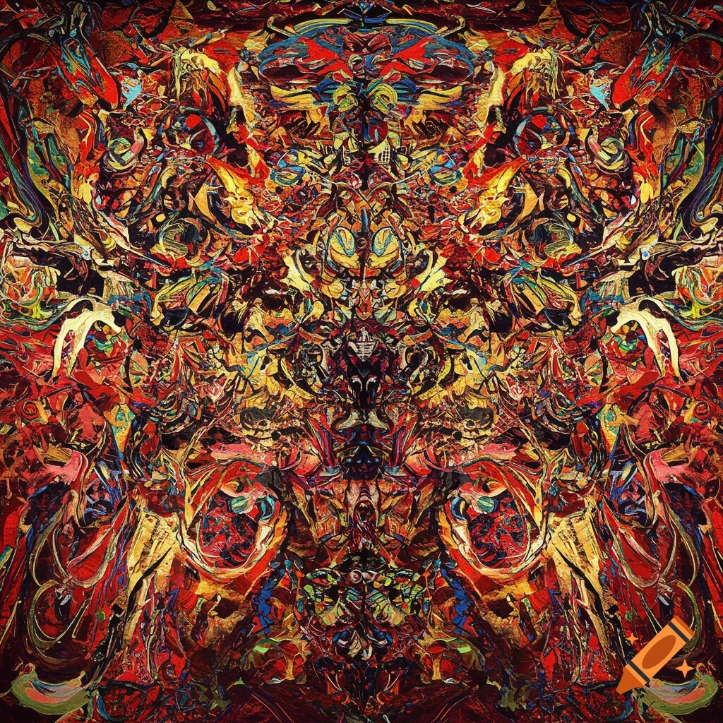 Abstract painting in red, yellow, and black with swirling, chaotic forms in an expressionistic style.
