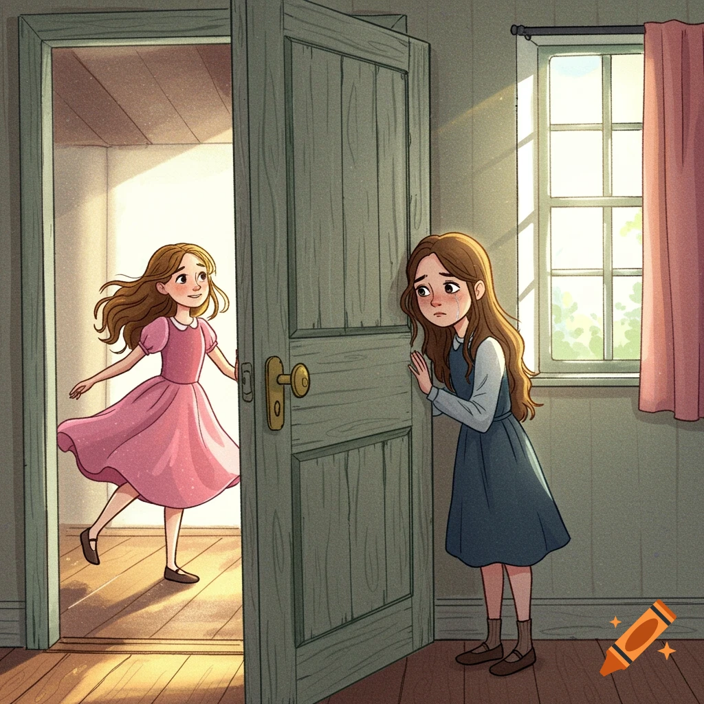 A children's book illustration shows one girl opening a door happily while another girl stands sadly behind it.