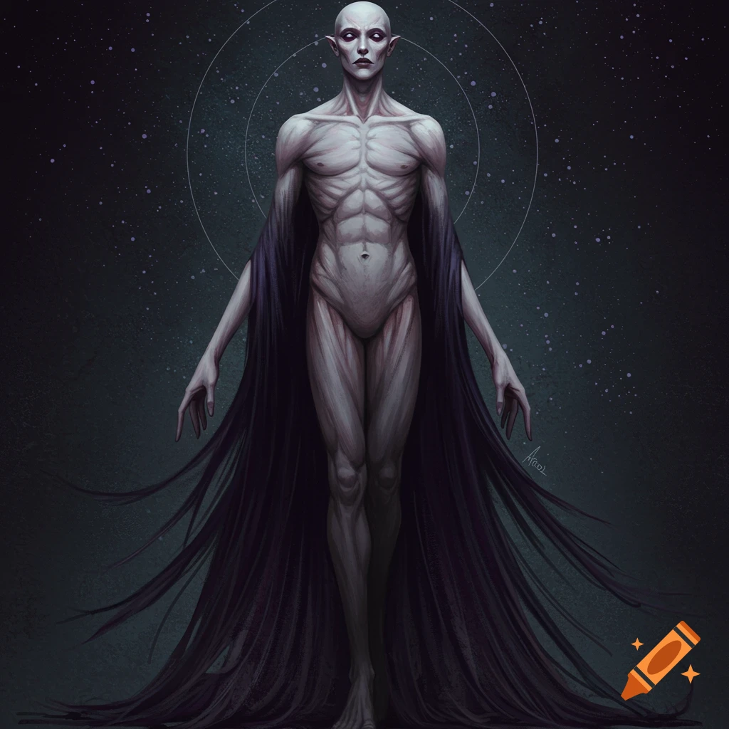 A pale, gaunt creature with pointed ears and black flowing fabric stands against a starry background.
