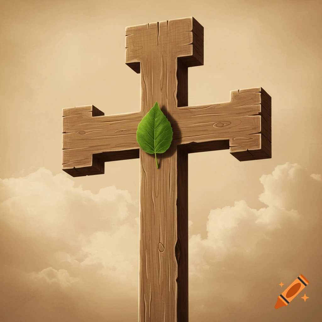 A wooden cross with a single green leaf attached, set against a cloudy sky.