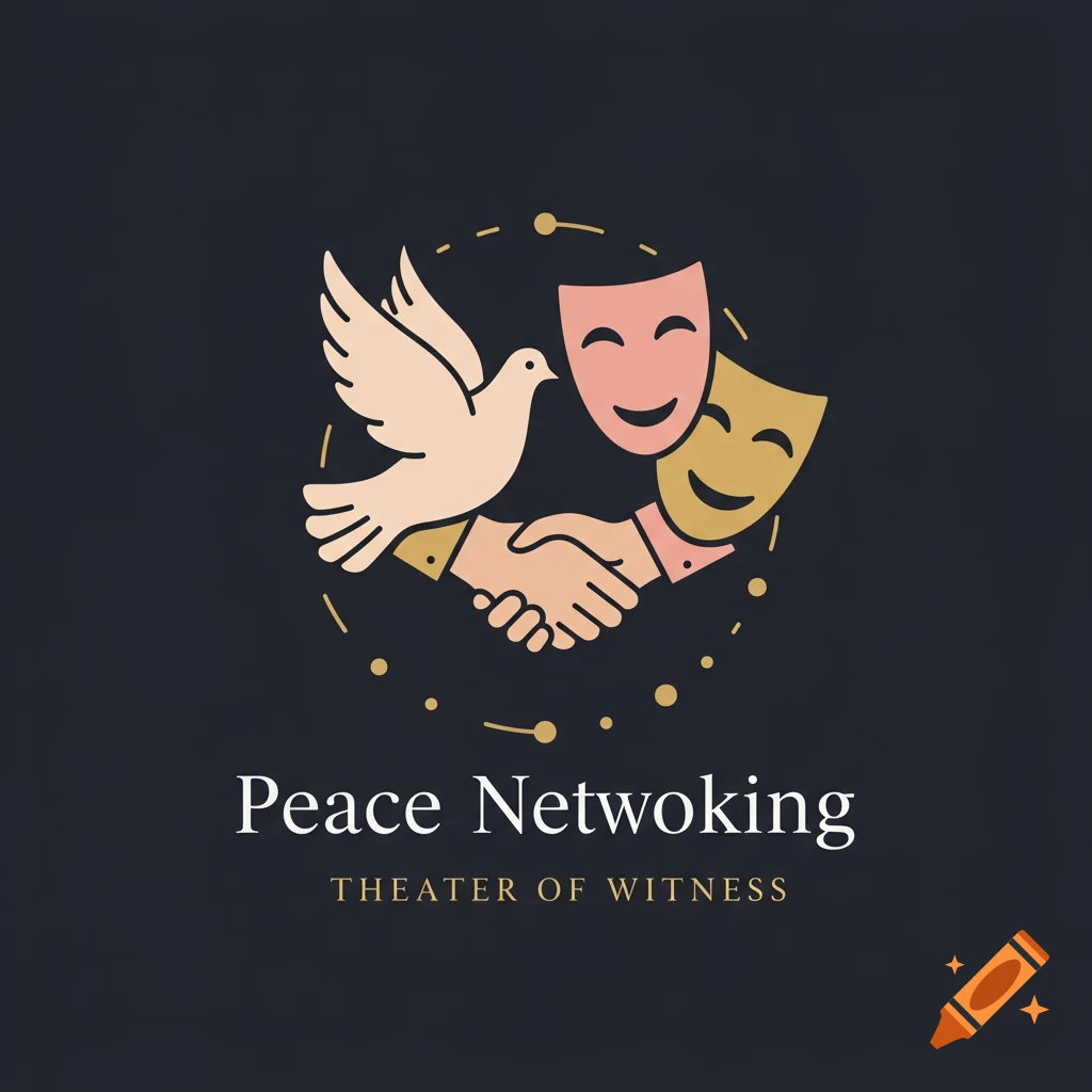 A logo illustration featuring a handshake, a dove, and comedy and tragedy theatre masks, with the text 'Peace Networking' and 'Theater of Witness'.