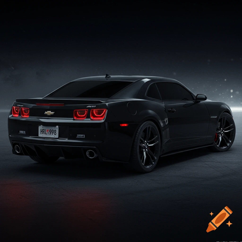 Rear view of a black Chevrolet Camaro in a dark setting, photorealistic setting.