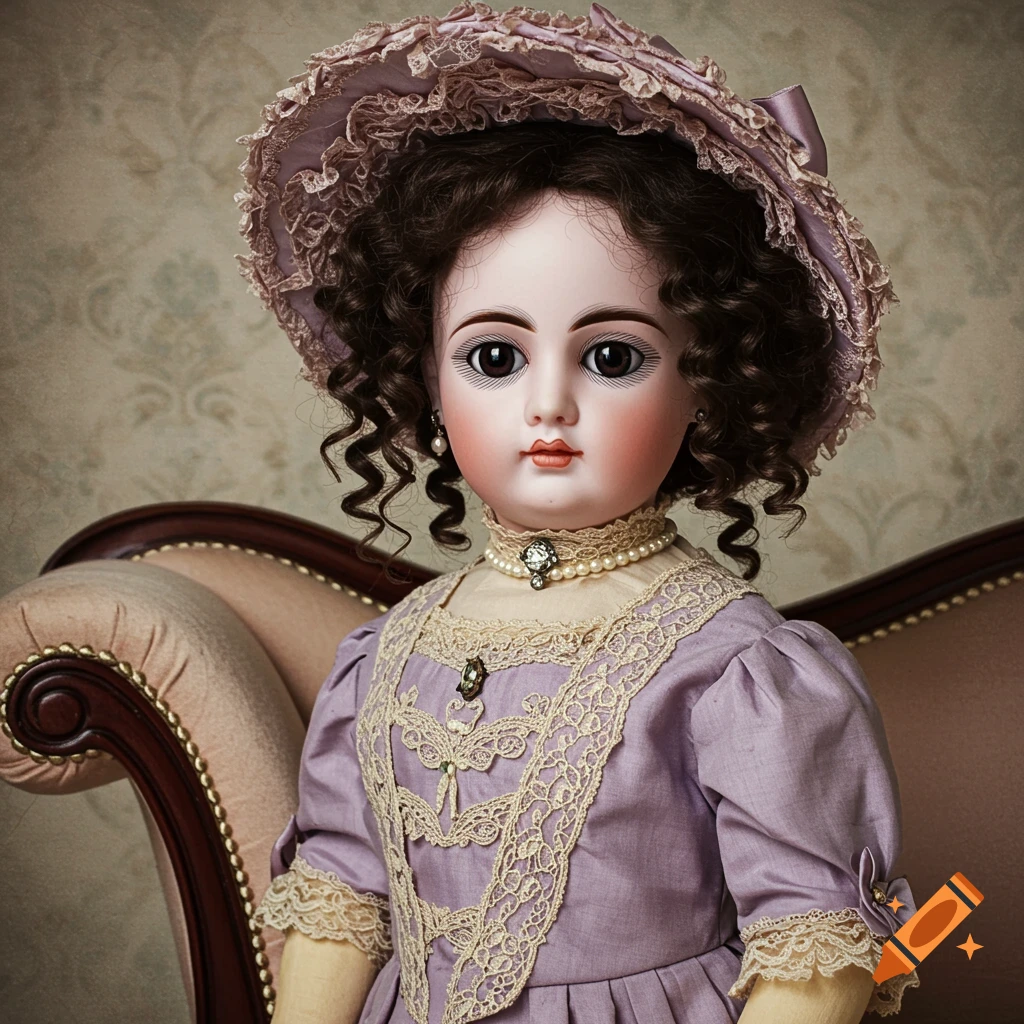 A vintage doll in a lavender dress and lace hat sits on a chaise lounge.