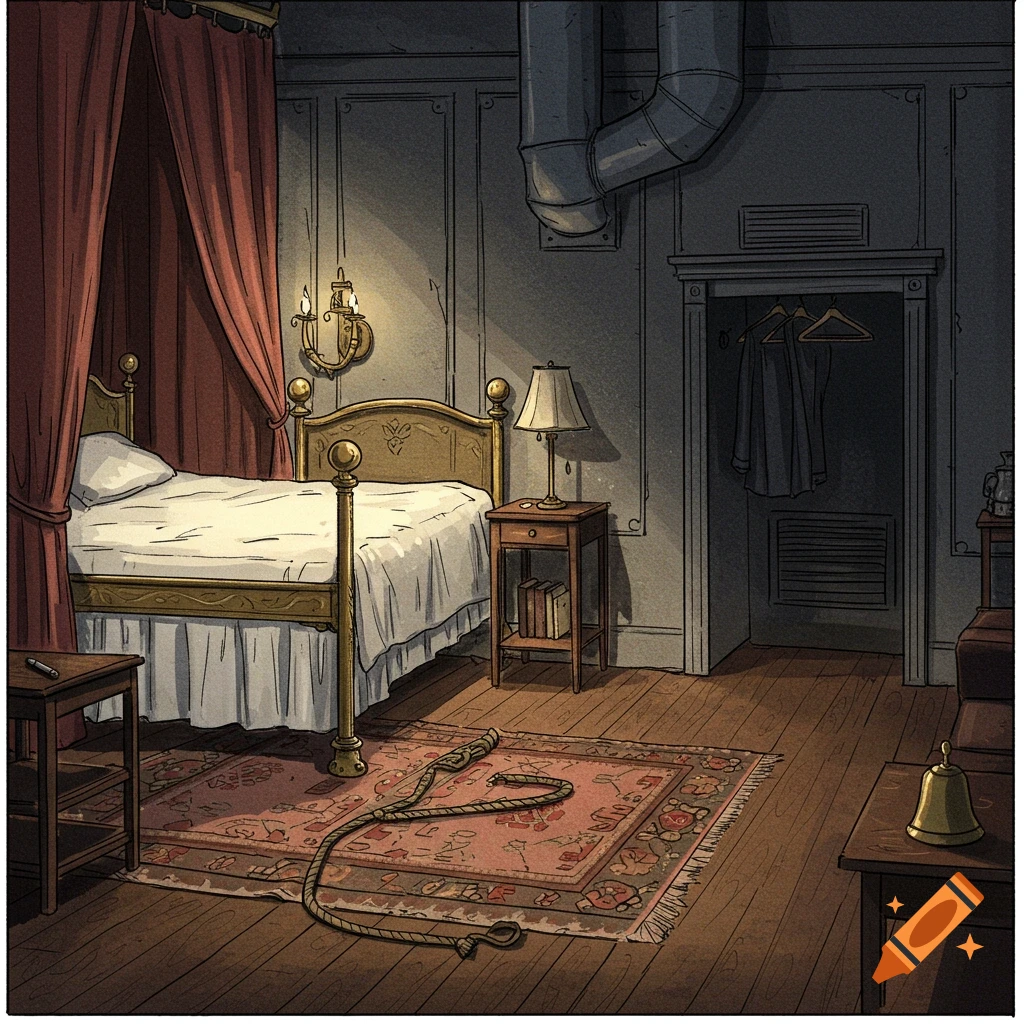 An illustrated room with a bed, bedside tables, a closet, and a rope coiled on a rug.
