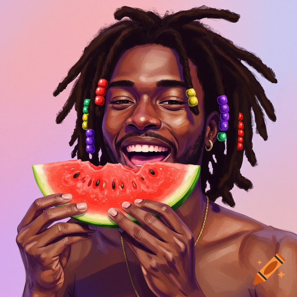 A smiling man with dreadlocks eating watermelon