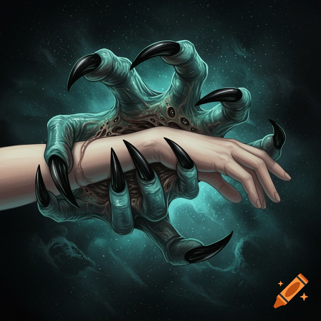 A grotesque, clawed alien hand grips a human wrist in a dark fantasy style with a space background.