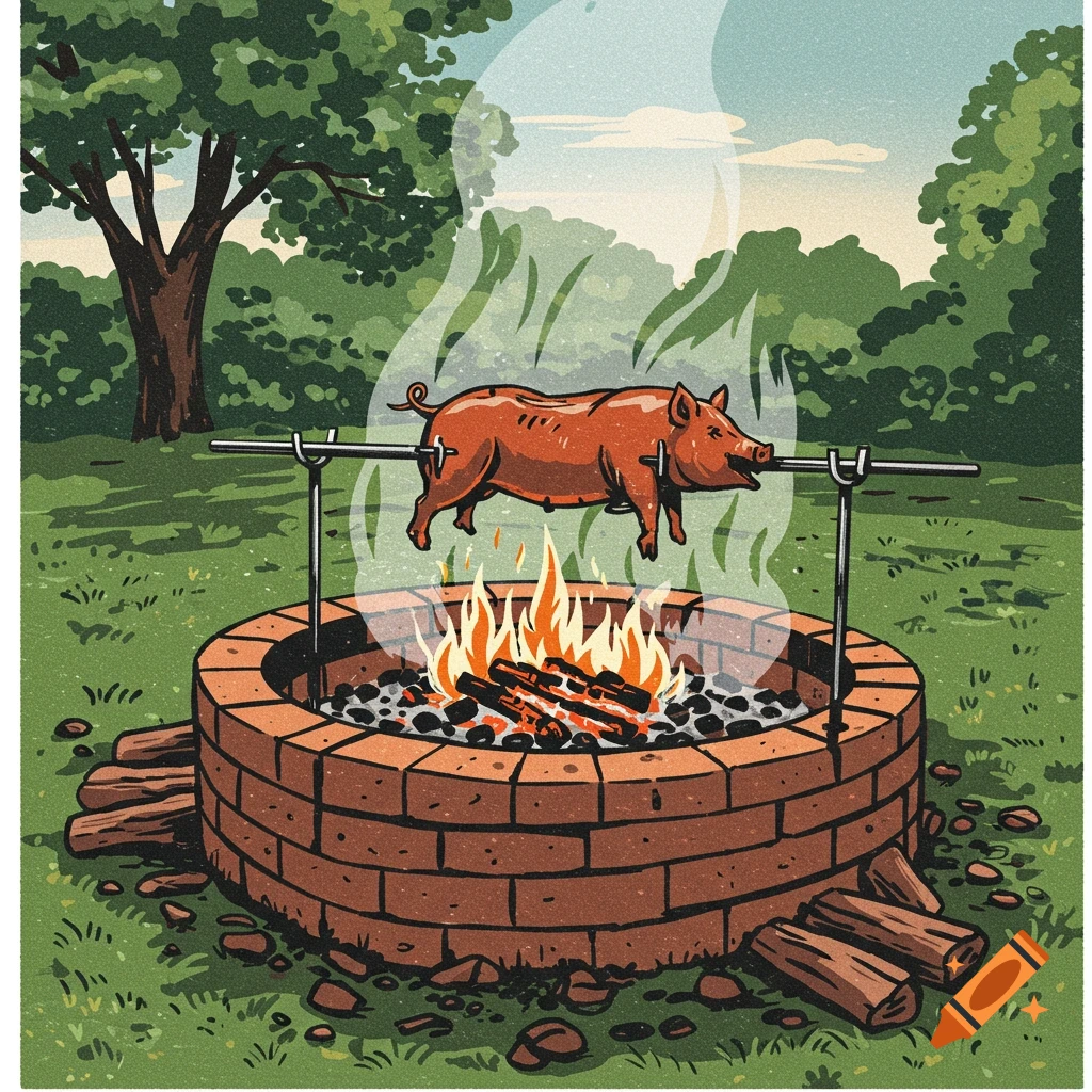 A whole pig roasts over a brick fire pit in a stylized illustration.