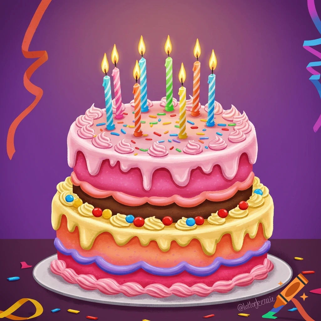 A colorful, two-tiered birthday cake with lit candles, sprinkles, and frosting.