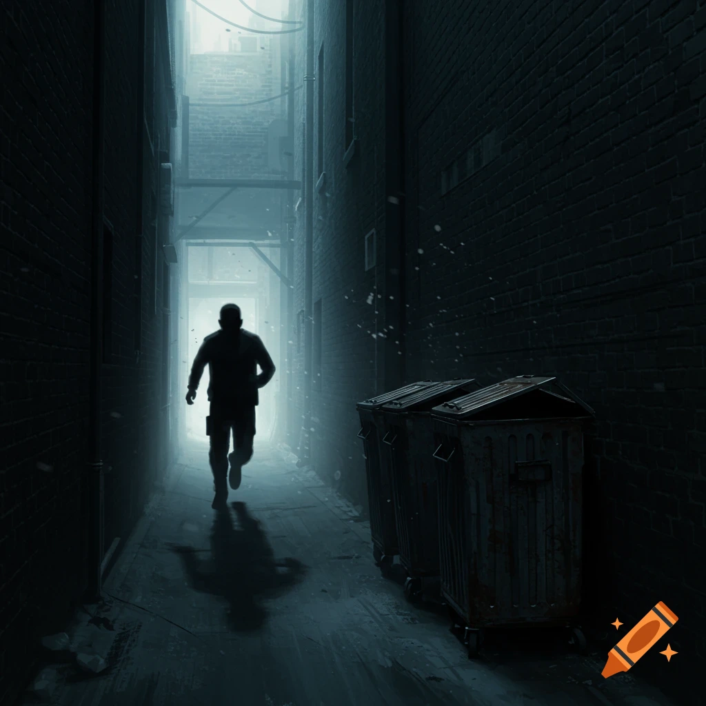 Silhouette of a person running down a dark alleyway past trash cans.