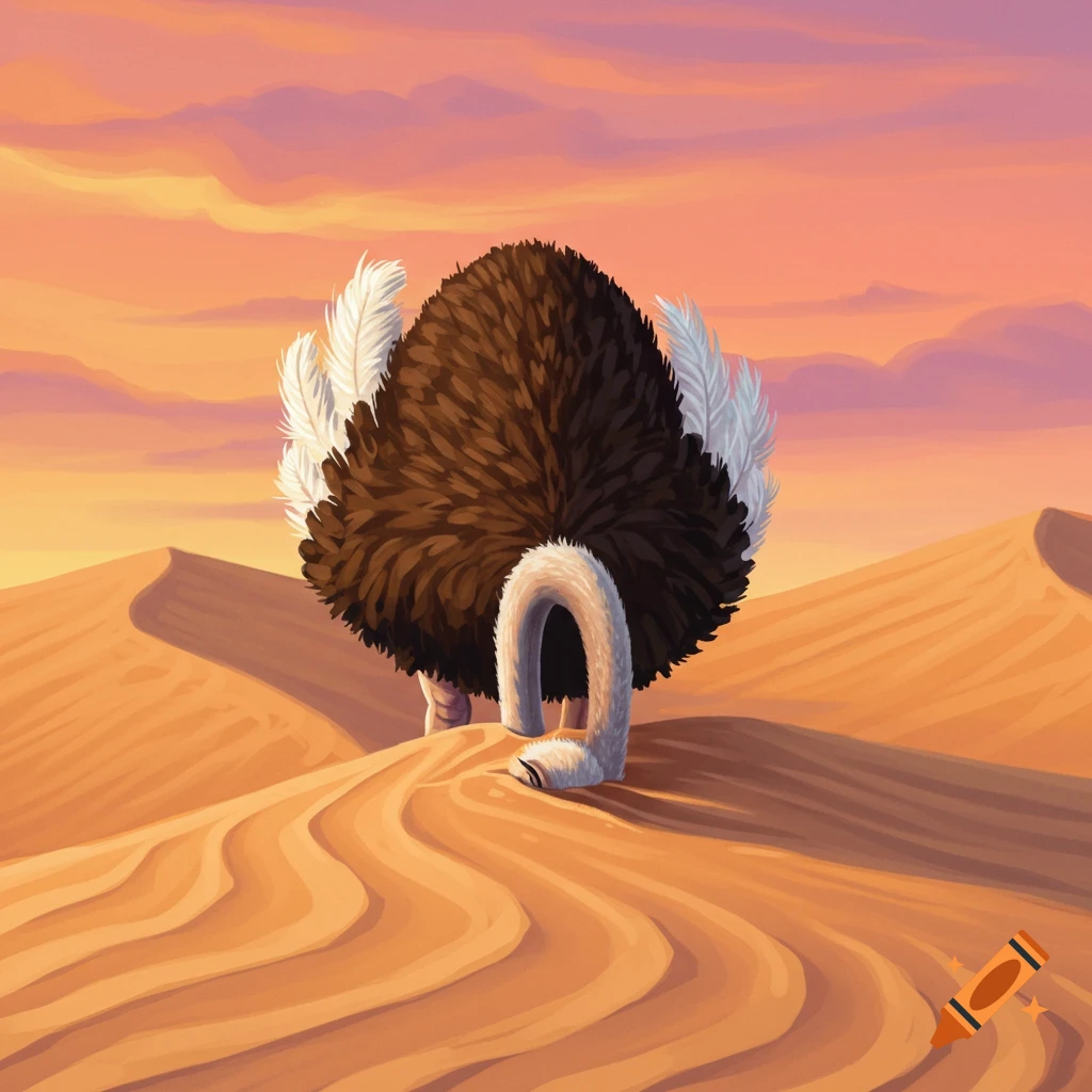 A cartoon ostrich with its head in the sand in a desert at sunset.