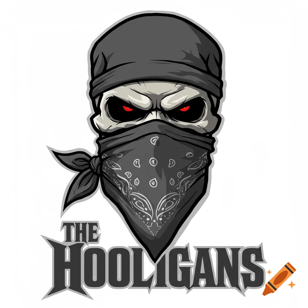 Logo of a stylized skull wearing a bandana and cap, with red eyes, above the text 'THE HOOLIGANS'.
