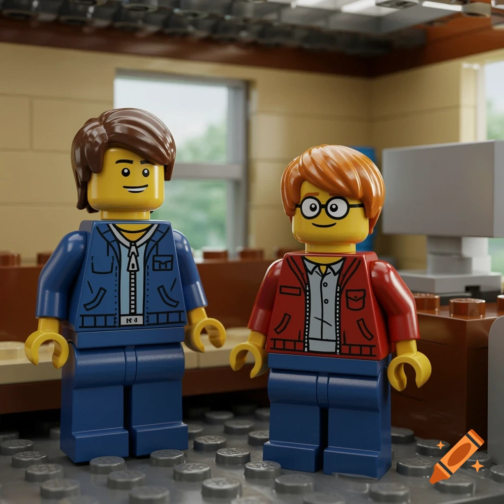 Two Lego minifigures, one with brown hair and a blue jacket, the other with red hair and glasses and a red jacket, stand in a room with a couch and computer. Digital art.