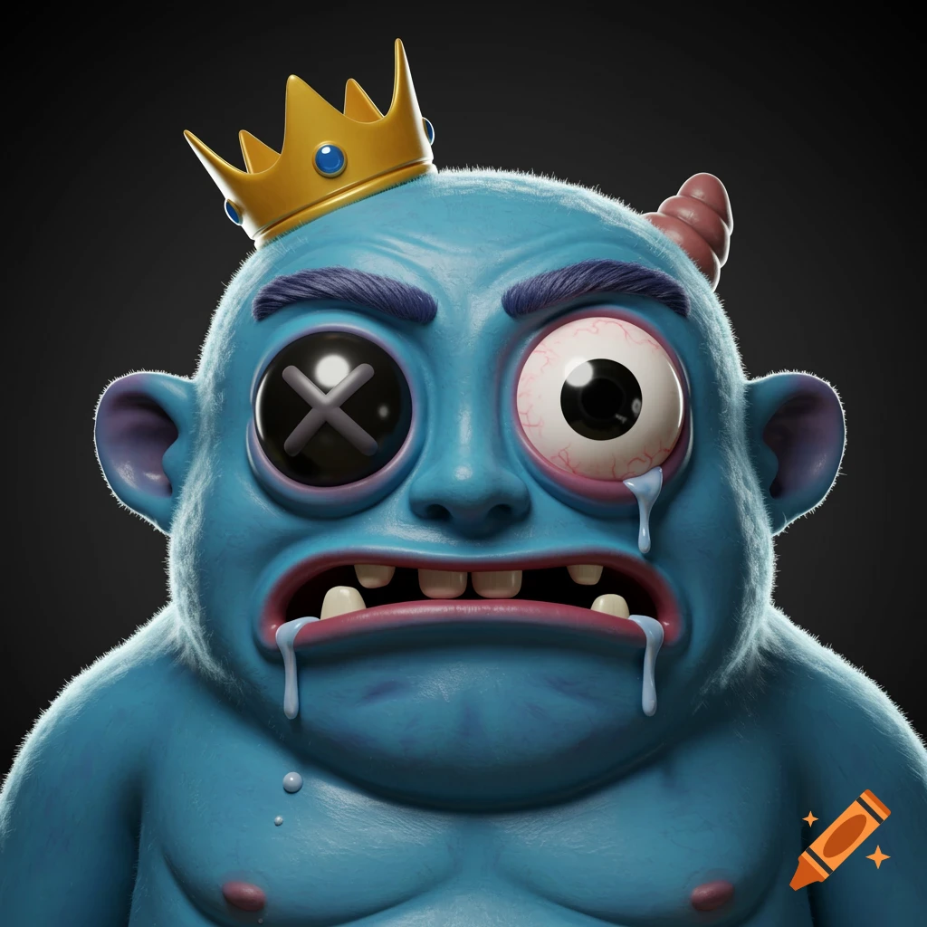 A 3D render of a blue monster with an X eye, a circular eye, a horn, a crown, and drool.