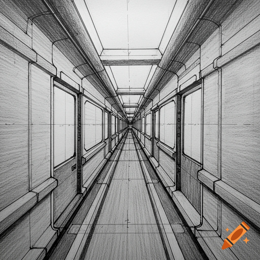Pencil drawing in one-point perspective of a long, empty train car interior with windows and benches.