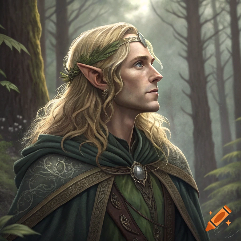 Portrait of a blond elf in a forest wearing green robes and a leaf circlet.