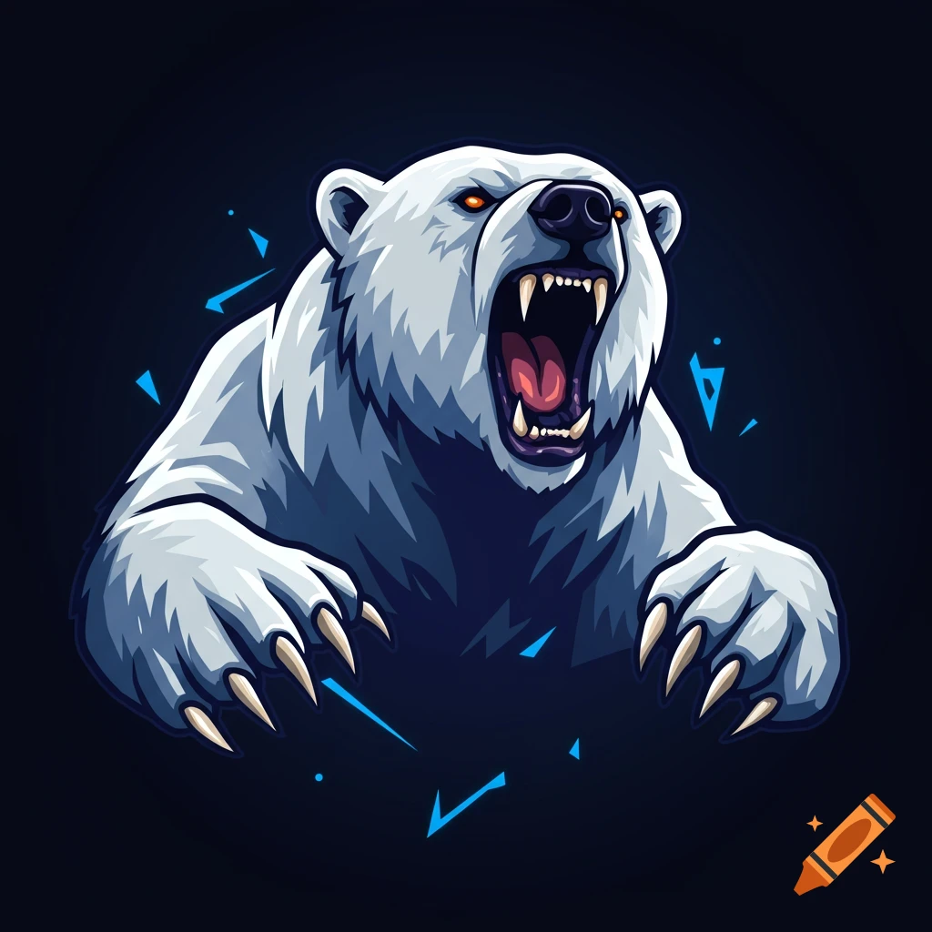 Stylized polar bear mascot roaring with glowing eyes