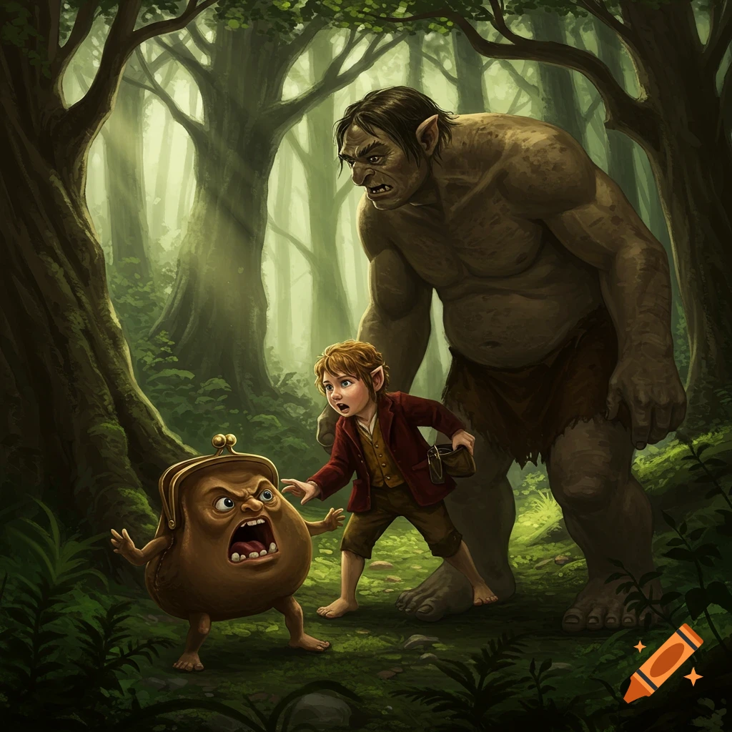 A large troll and a hobbit-like figure look surprised at a talking coin purse in a forest.