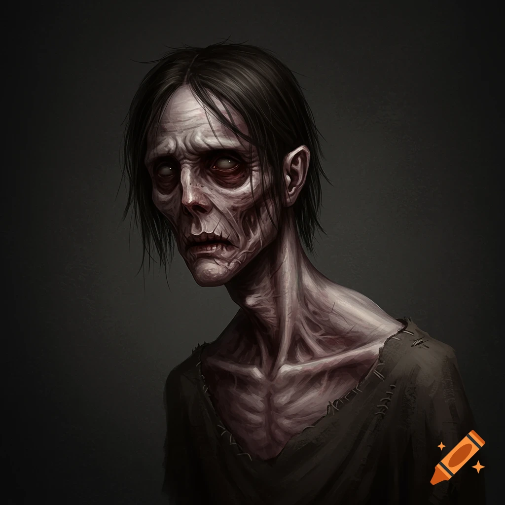 A gaunt, pale figure with sunken eyes and dark hair